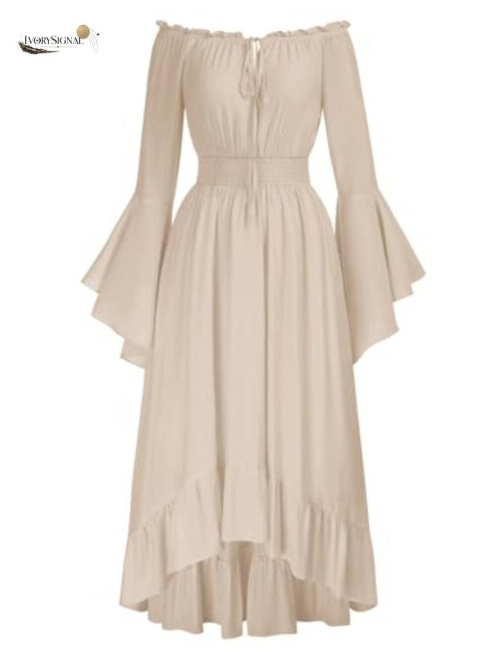 Renaissance Chemise Dress Off Shoulder Bell Sleeve Smocked Waist High Low Hem